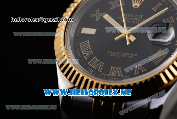 Rolex Day-Date II Asia Automatic Two Tone Case/Bracelet with Black Dial and Roman Numeral Markers - Click Image to Close